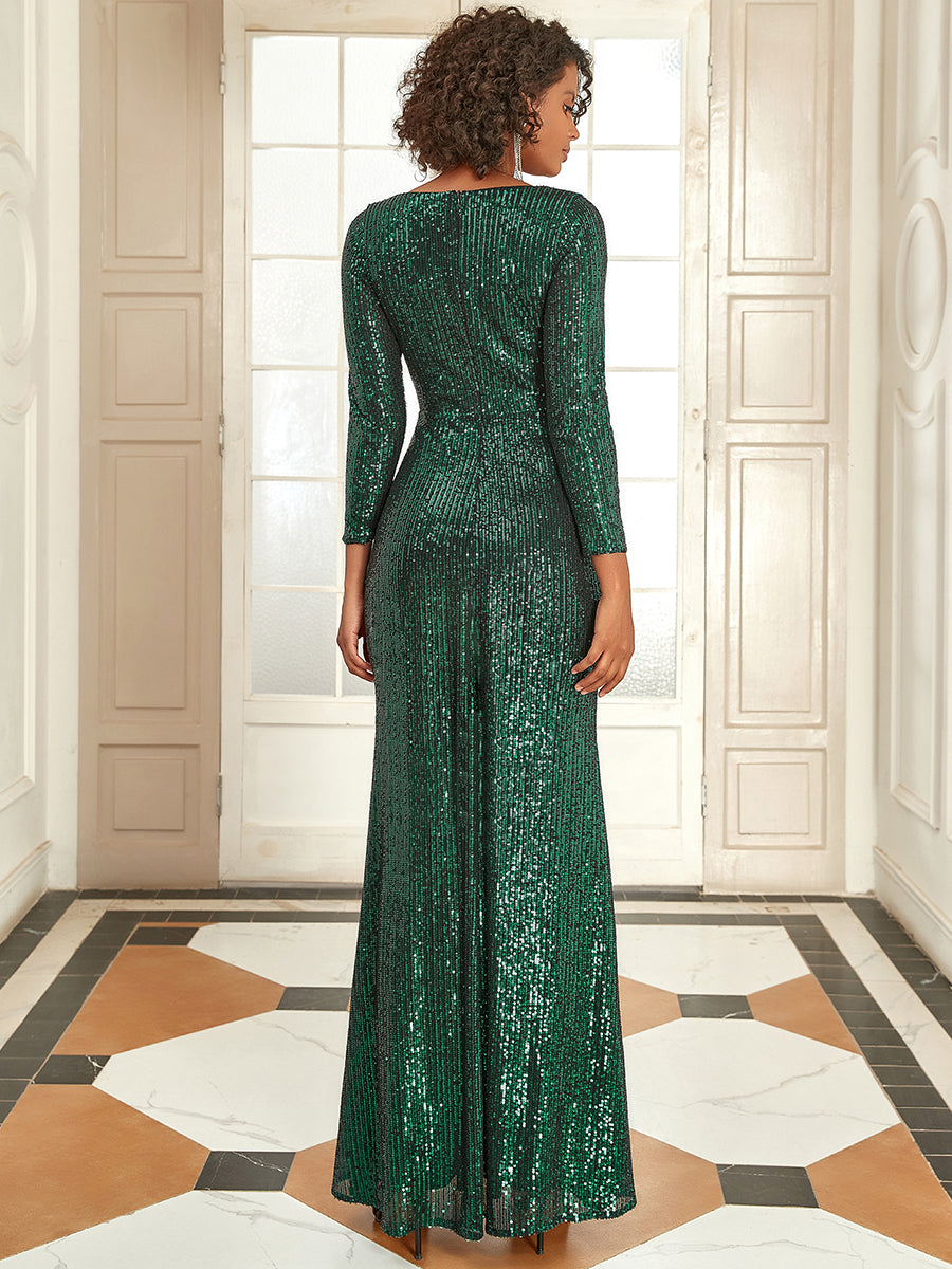 Sparkling Deep V-Neck Sequin Evening Gown with Long Sleeves