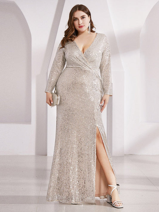 Sparkling Plus Size Sequin Deep V Neck Evening Party Dress