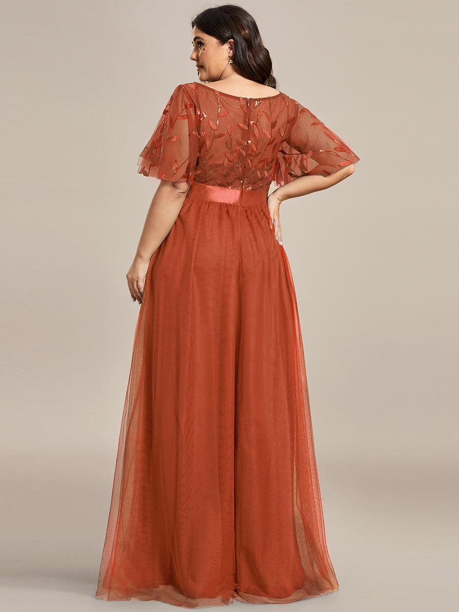 Shimmering Evening Gown with Ruffle Sleeves and Belt Detail