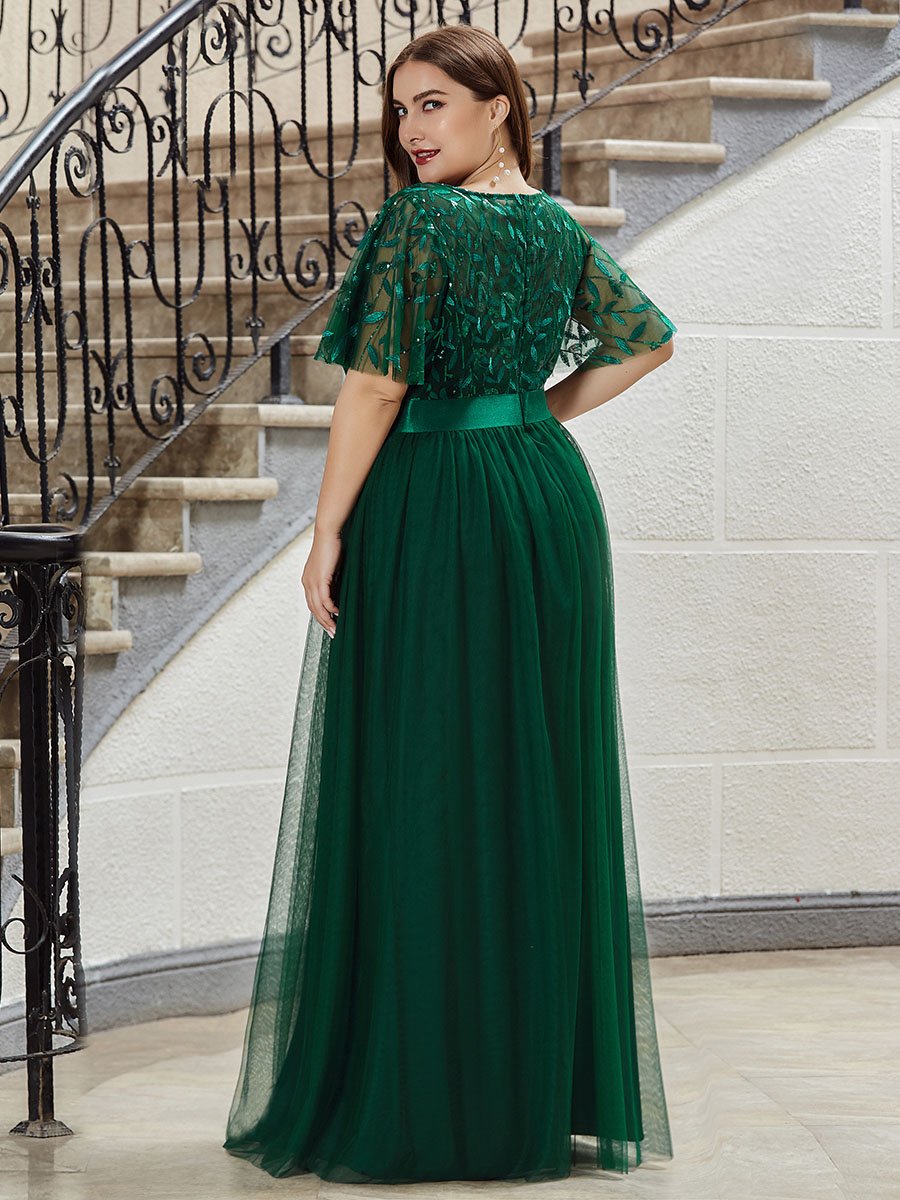 Shimmering Evening Gown with Ruffle Sleeves and Belt Detail