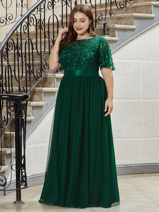 Shimmering Evening Gown with Ruffle Sleeves and Belt Detail