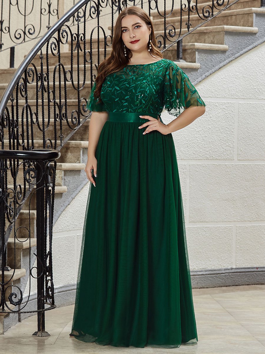 Shimmering Evening Gown with Ruffle Sleeves and Belt Detail