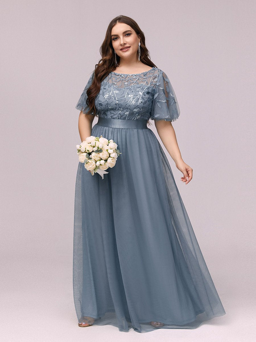 Shimmering Evening Gown with Ruffle Sleeves and Belt Detail