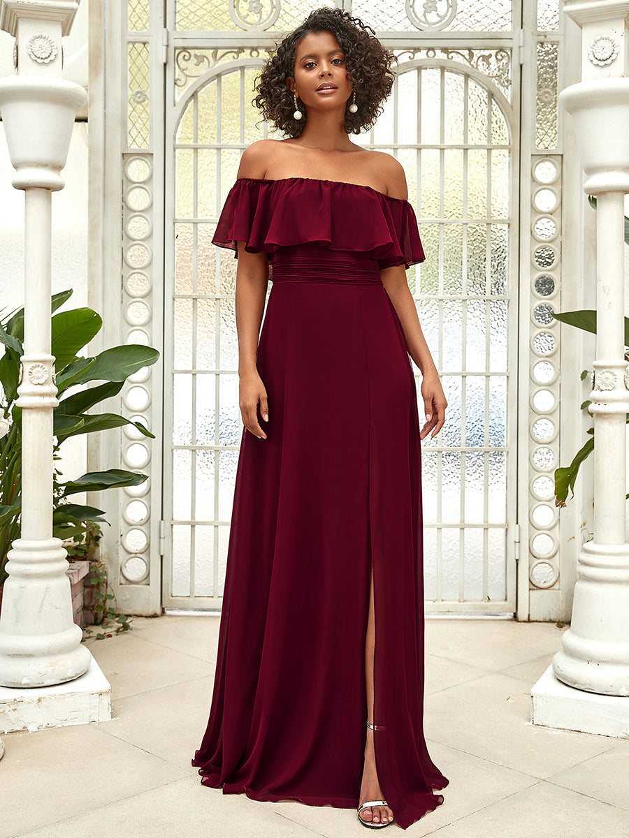 Off-Shoulder Ruffle Bridesmaid Gown with Thigh-High Split