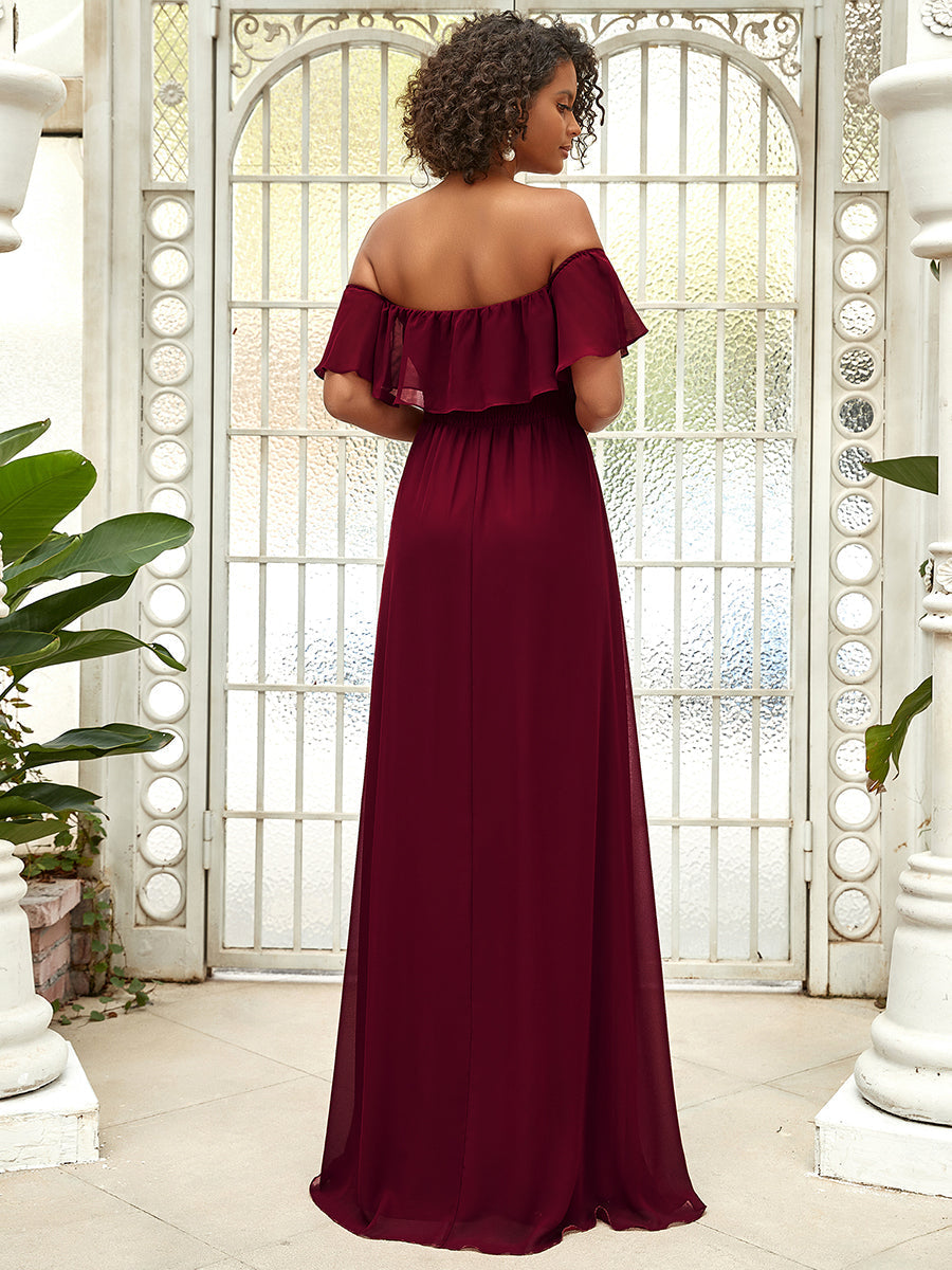 Off-Shoulder Ruffle Bridesmaid Gown with Thigh-High Split