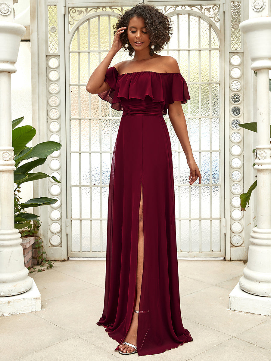 Off-Shoulder Ruffle Bridesmaid Gown with Thigh-High Split