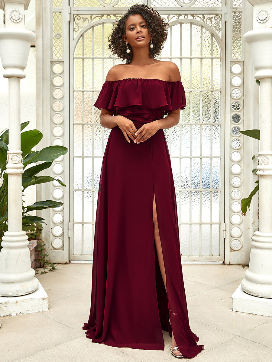 Off-Shoulder Ruffle Bridesmaid Gown with Thigh-High Split