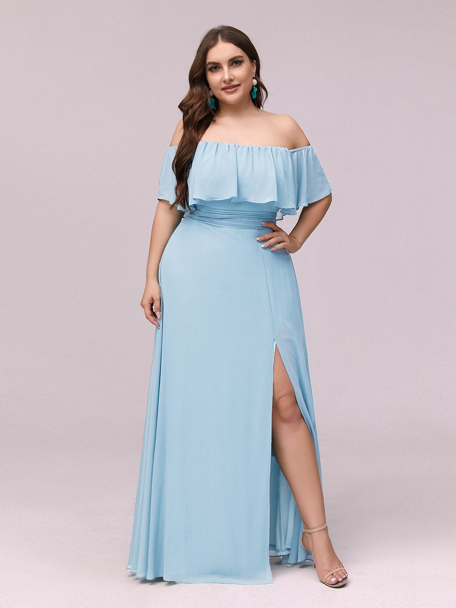 Off-Shoulder Ruffle Bridesmaid Gown with Thigh-High Split