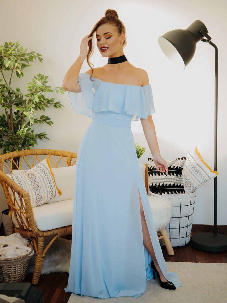 Off-Shoulder Ruffle Bridesmaid Gown with Thigh-High Split