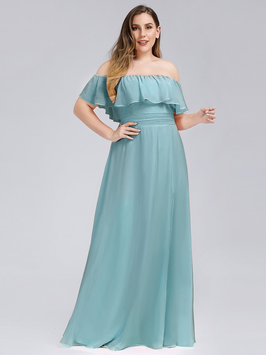 Off-Shoulder Ruffle Bridesmaid Gown with Thigh-High Split