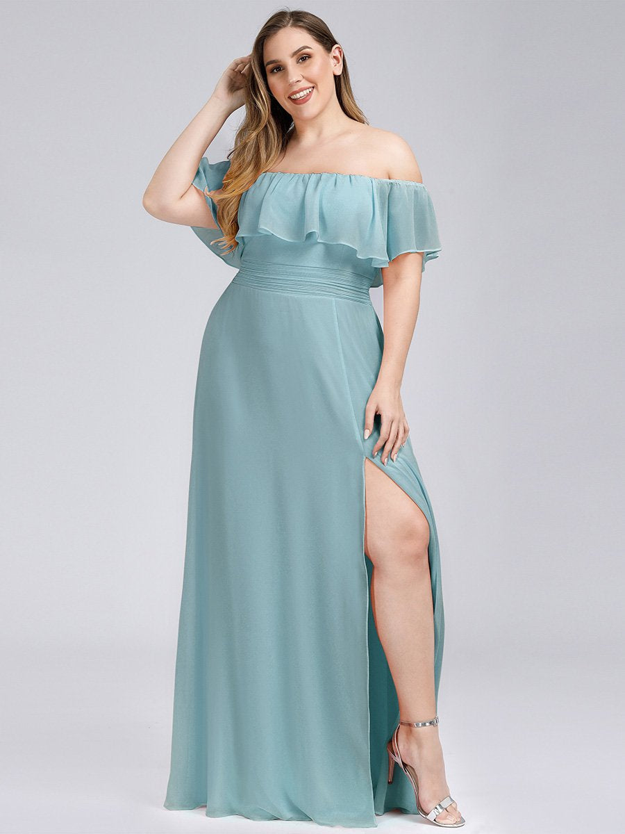 Off-Shoulder Ruffle Bridesmaid Gown with Thigh-High Split