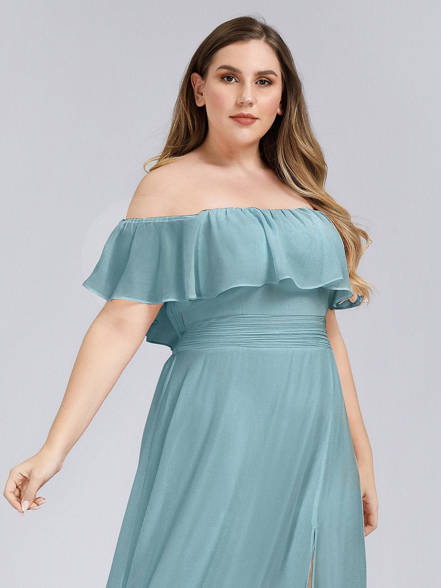 Off-Shoulder Ruffle Bridesmaid Gown with Thigh-High Split