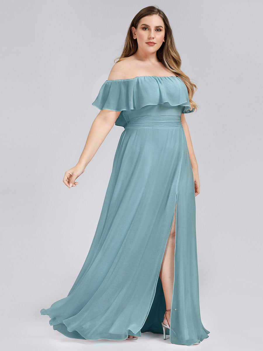 Off-Shoulder Ruffle Bridesmaid Gown with Thigh-High Split