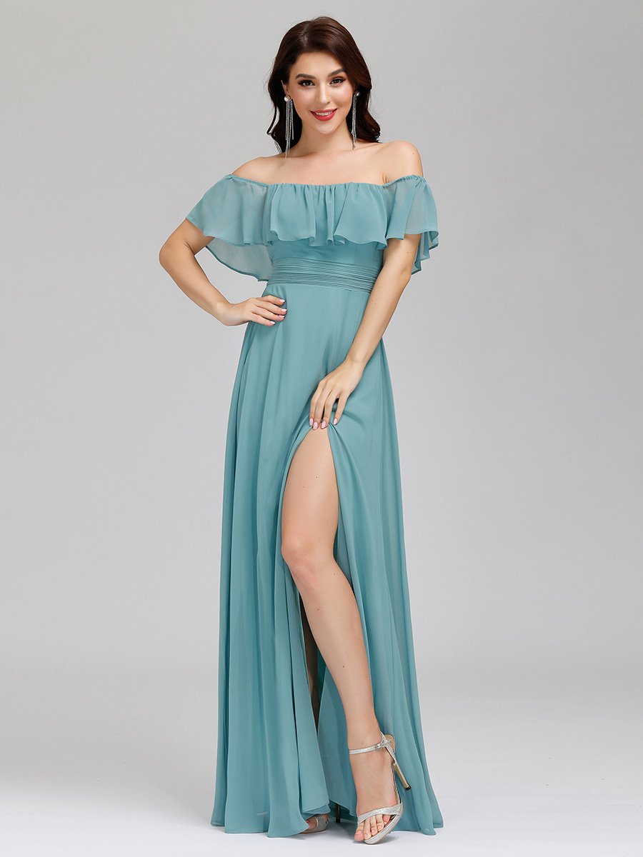 Off-Shoulder Ruffle Bridesmaid Gown with Thigh-High Split