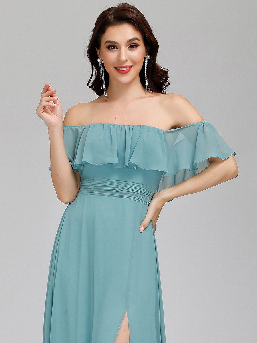 Off-Shoulder Ruffle Bridesmaid Gown with Thigh-High Split