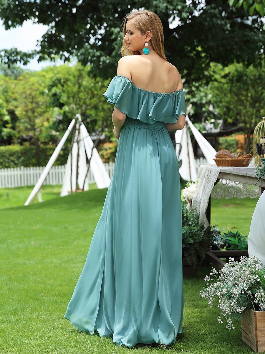 Off-Shoulder Ruffle Bridesmaid Gown with Thigh-High Split