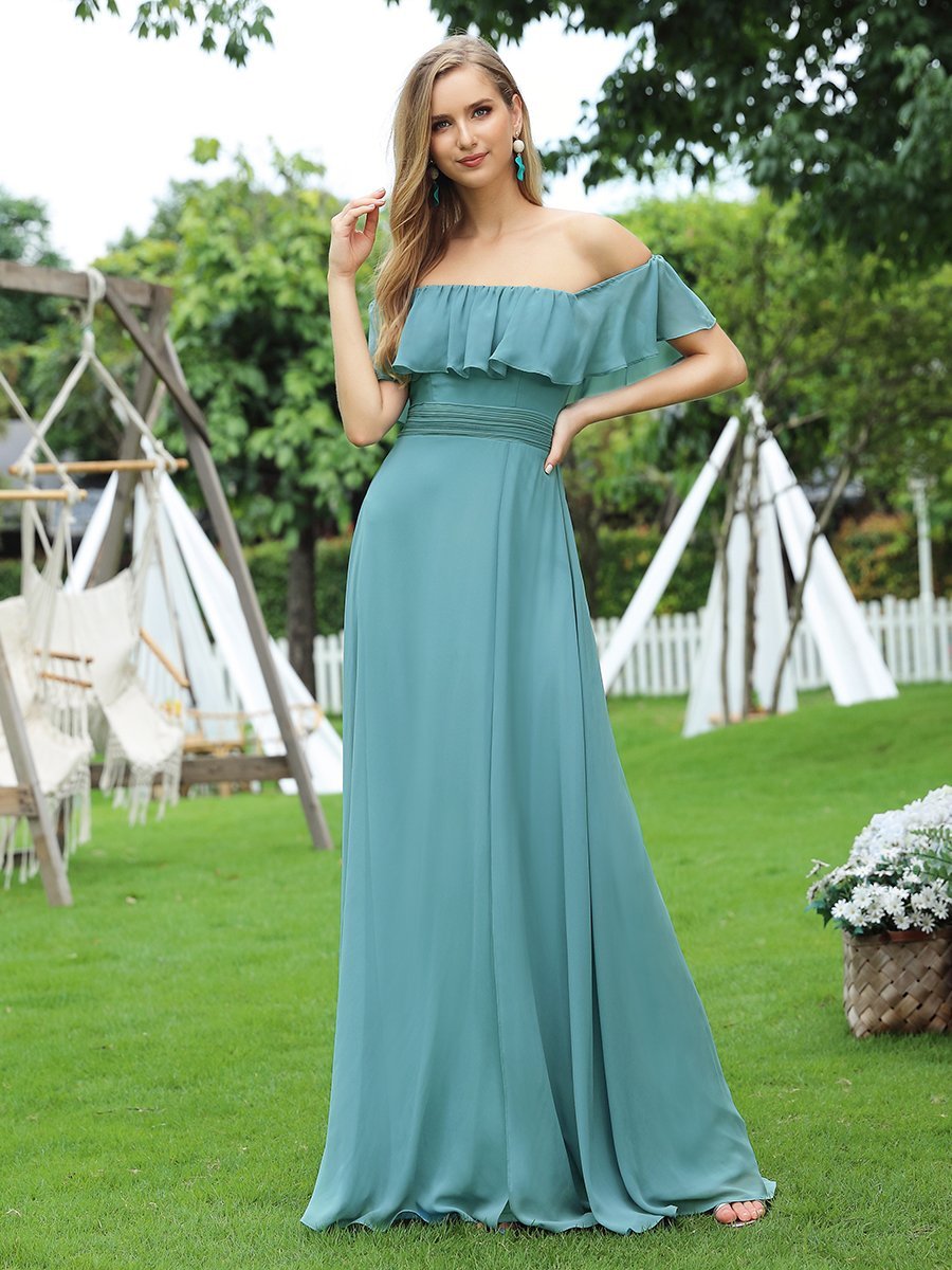 Off-Shoulder Ruffle Bridesmaid Gown with Thigh-High Split