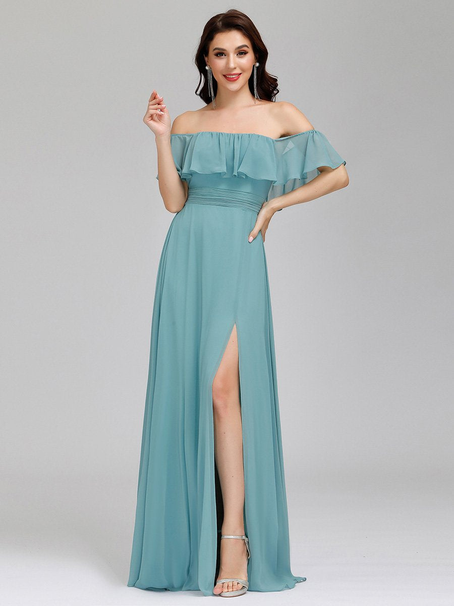 Off-Shoulder Ruffle Bridesmaid Gown with Thigh-High Split