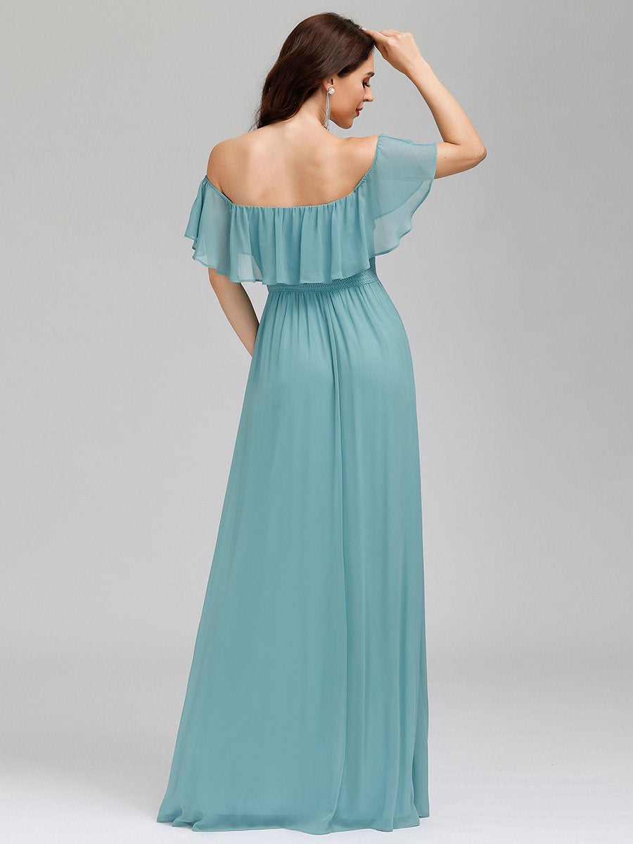 Off-Shoulder Ruffle Bridesmaid Gown with Thigh-High Split