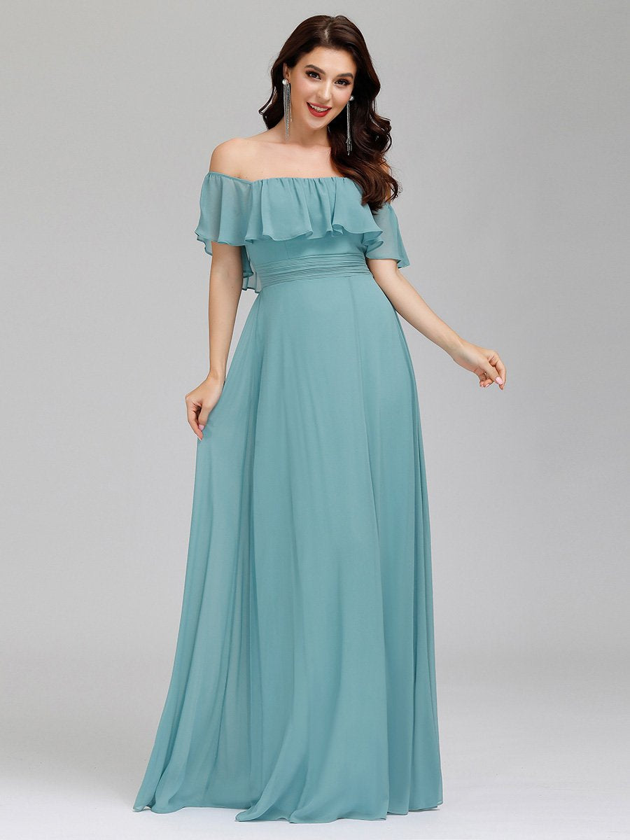 Off-Shoulder Ruffle Bridesmaid Gown with Thigh-High Split