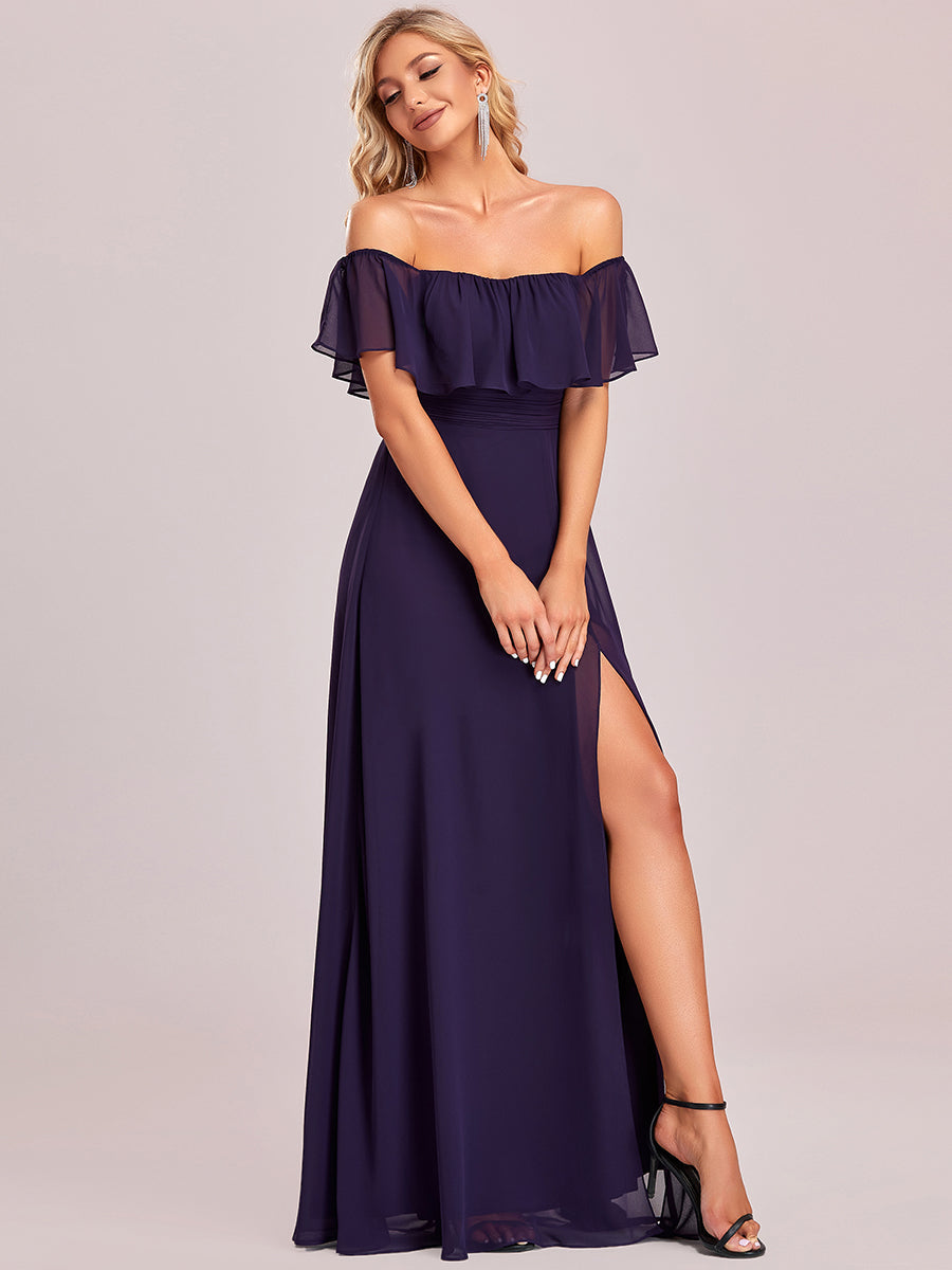 Off-Shoulder Ruffle Bridesmaid Gown with Thigh-High Split