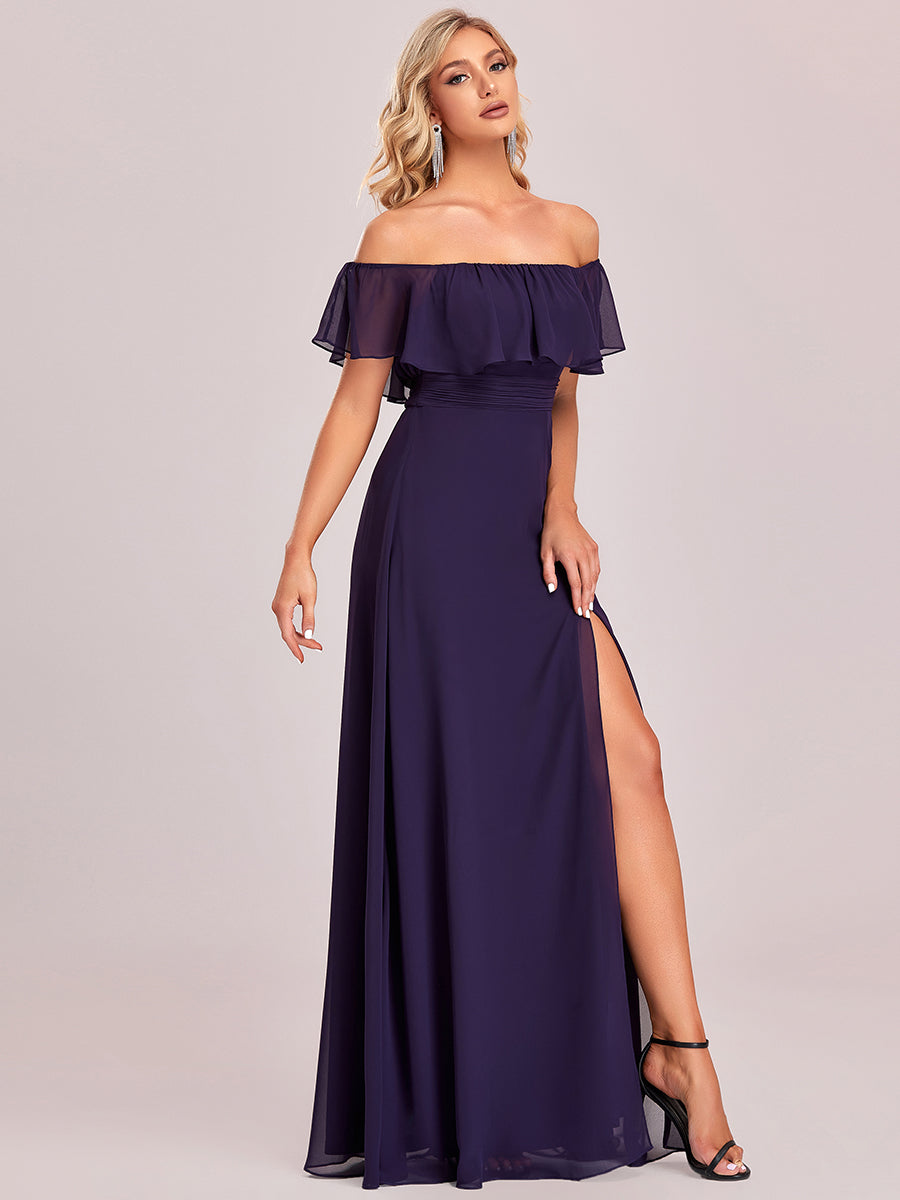 Off-Shoulder Ruffle Bridesmaid Gown with Thigh-High Split