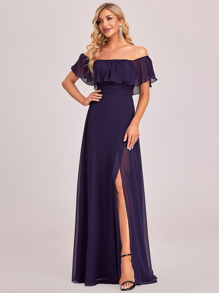 Off-Shoulder Ruffle Bridesmaid Gown with Thigh-High Split