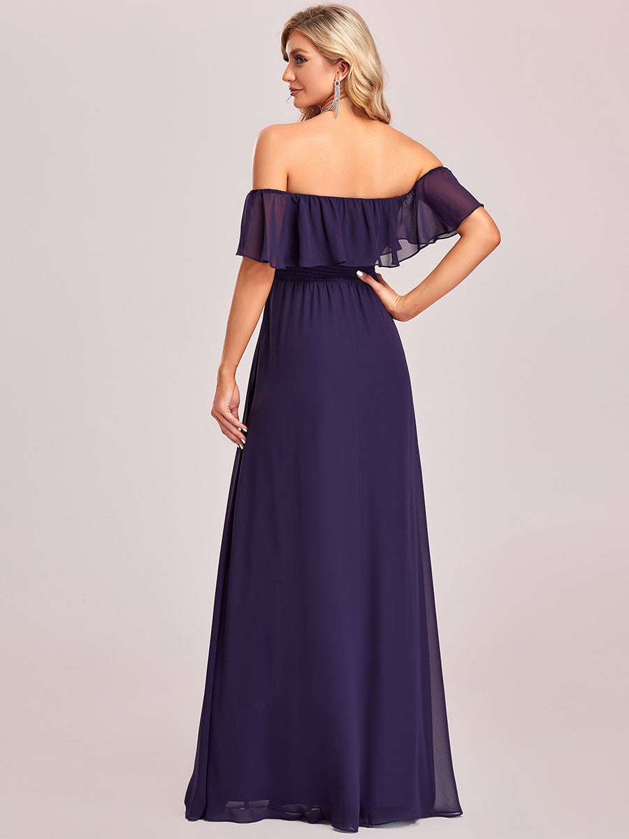 Off-Shoulder Ruffle Bridesmaid Gown with Thigh-High Split