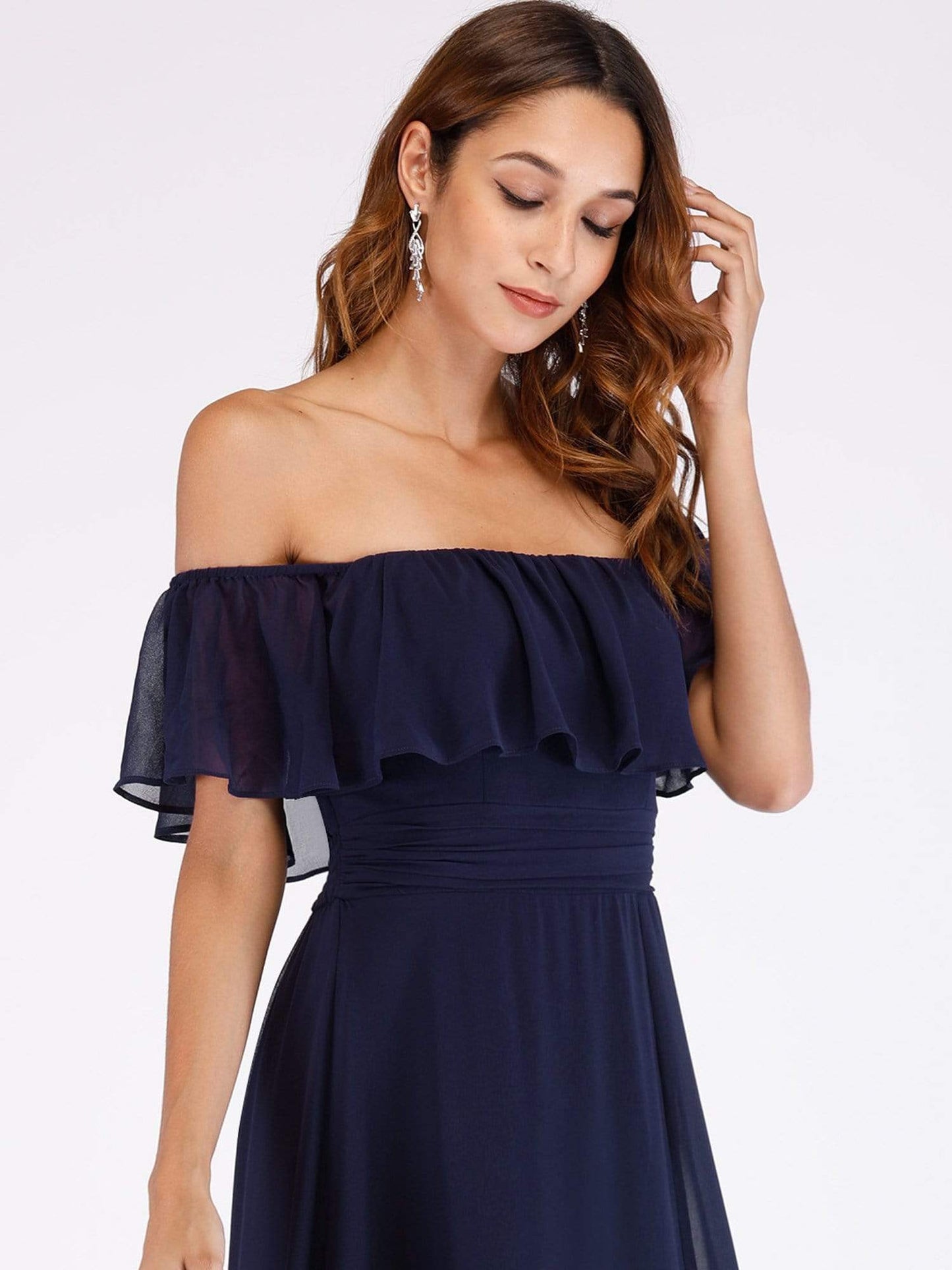 Off-Shoulder Ruffle Bridesmaid Gown with Thigh-High Split