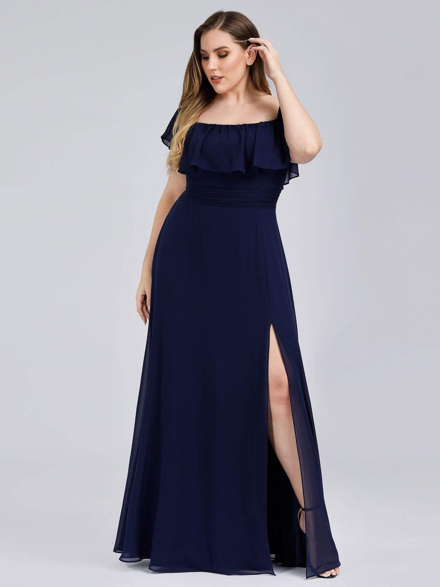 Off-Shoulder Ruffle Bridesmaid Gown with Thigh-High Split