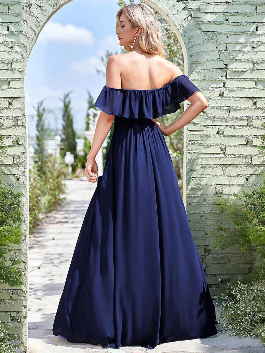 Off-Shoulder Ruffle Bridesmaid Gown with Thigh-High Split