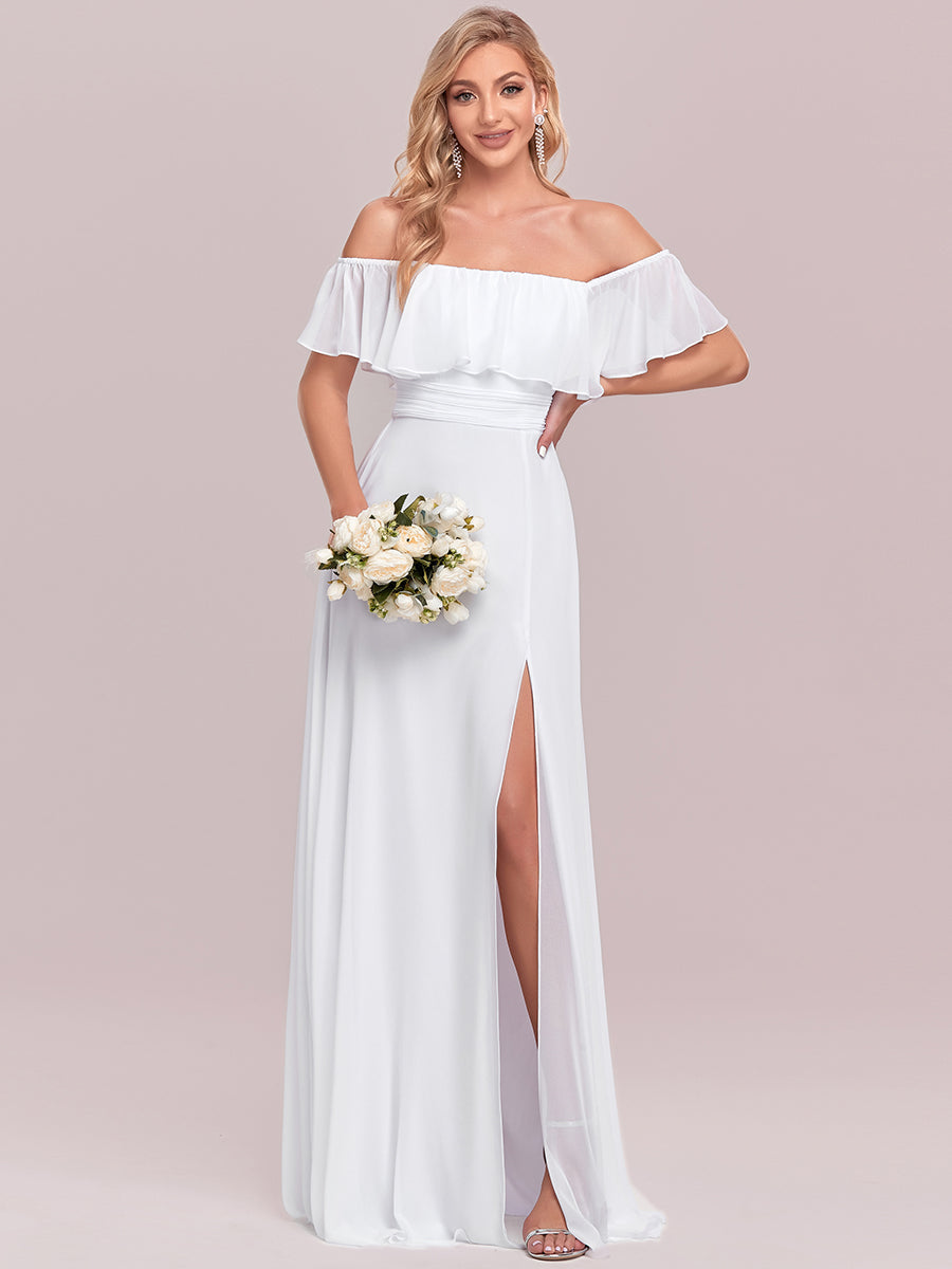 Off-Shoulder Ruffle Bridesmaid Gown with Thigh-High Split