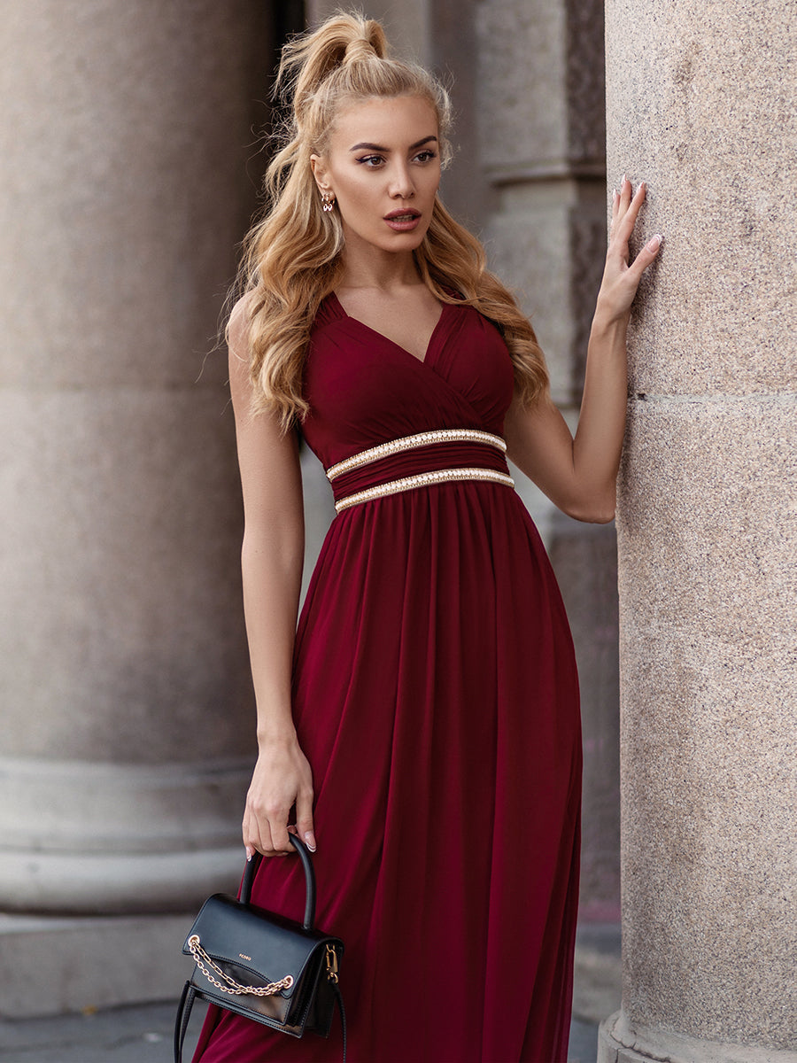 Elegant V Neck A-Line Bridesmaid Dress with Waist Belt