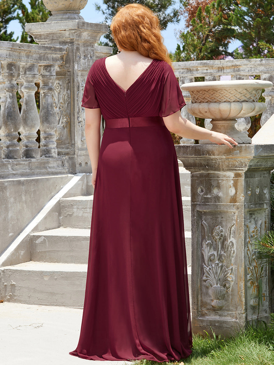 Ruffled Empire Waist Plus Size Evening Gown with V-Neck and Flutter Sleeves