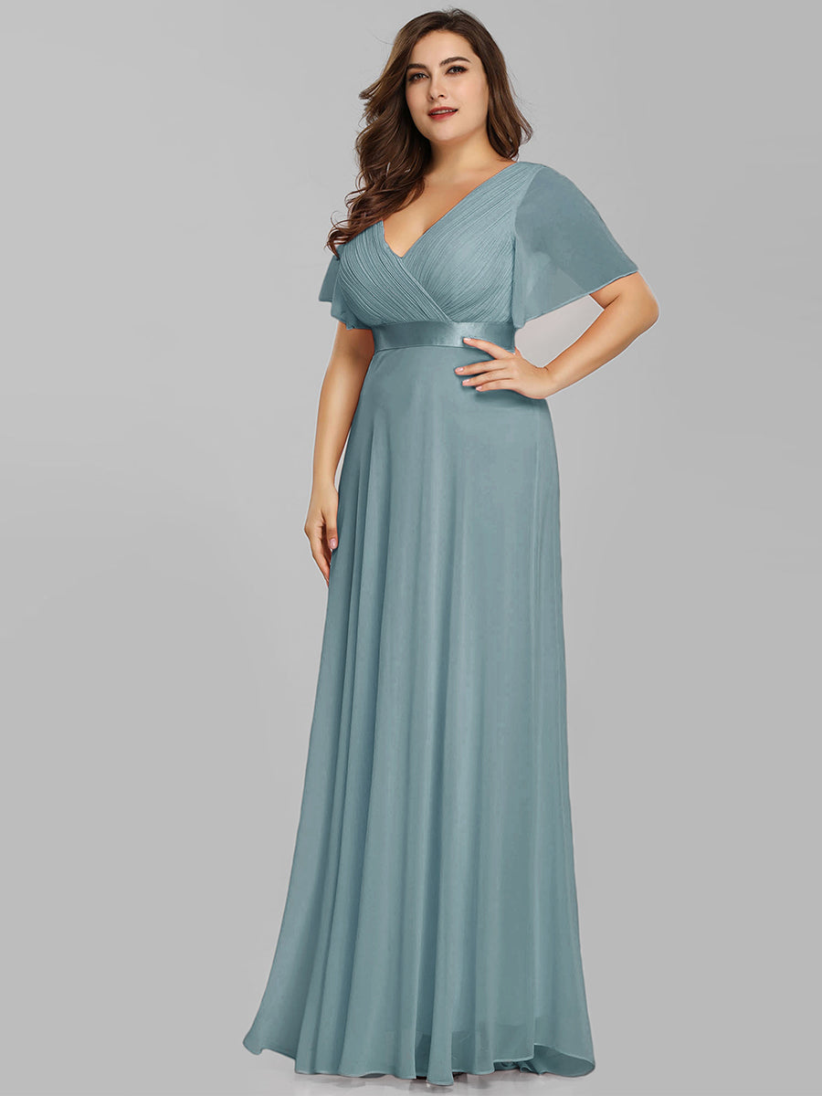 Ruffled Empire Waist Plus Size Evening Gown with V-Neck and Flutter Sleeves