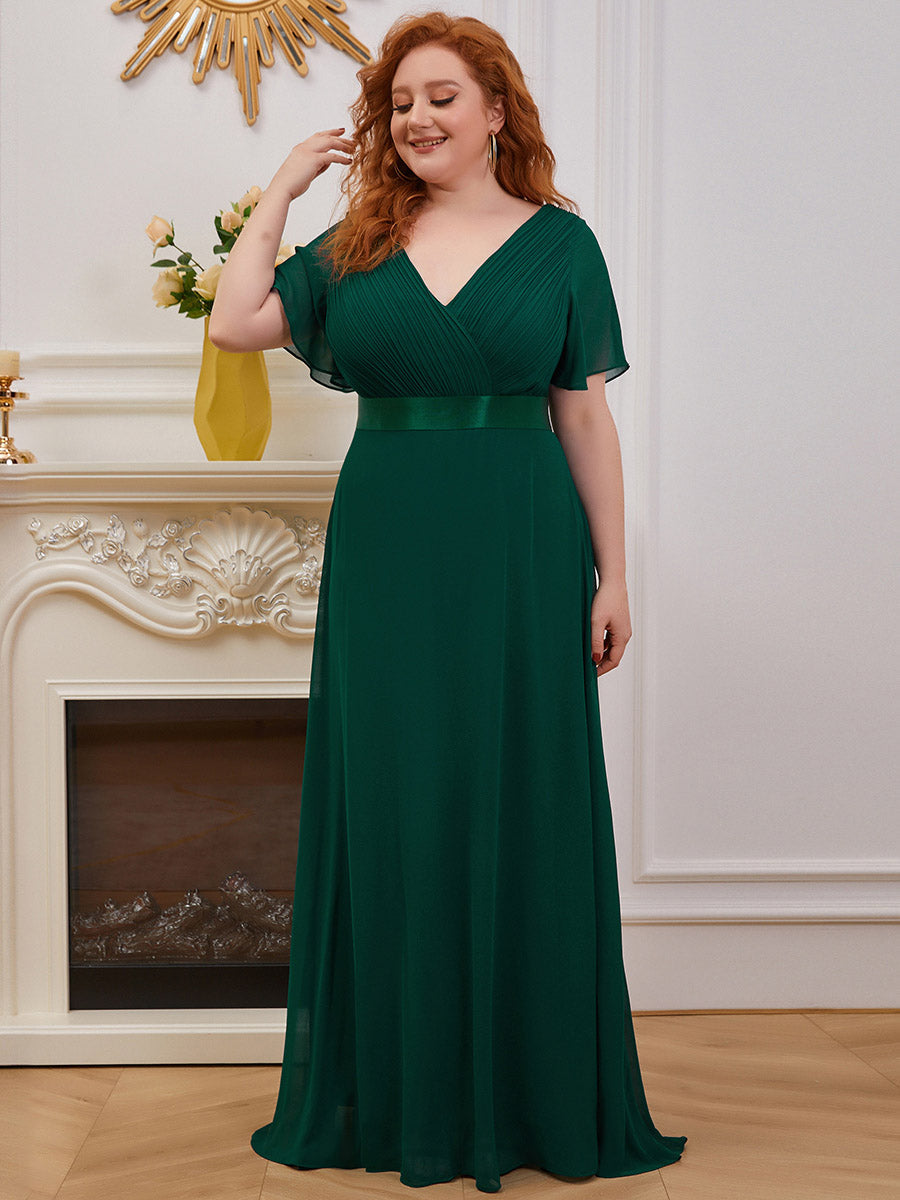 Ruffled Empire Waist Plus Size Evening Gown with V-Neck and Flutter Sleeves