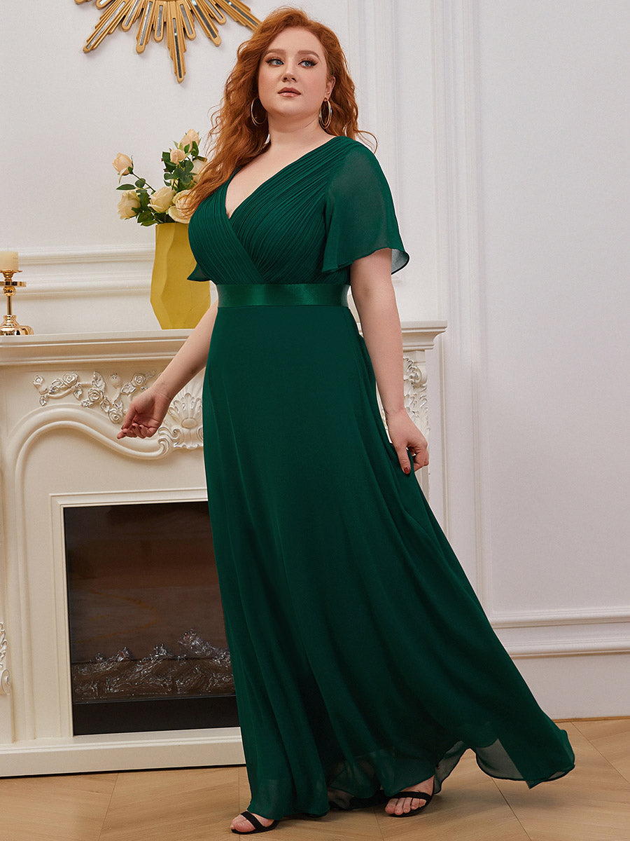 Ruffled Empire Waist Plus Size Evening Gown with V-Neck and Flutter Sleeves