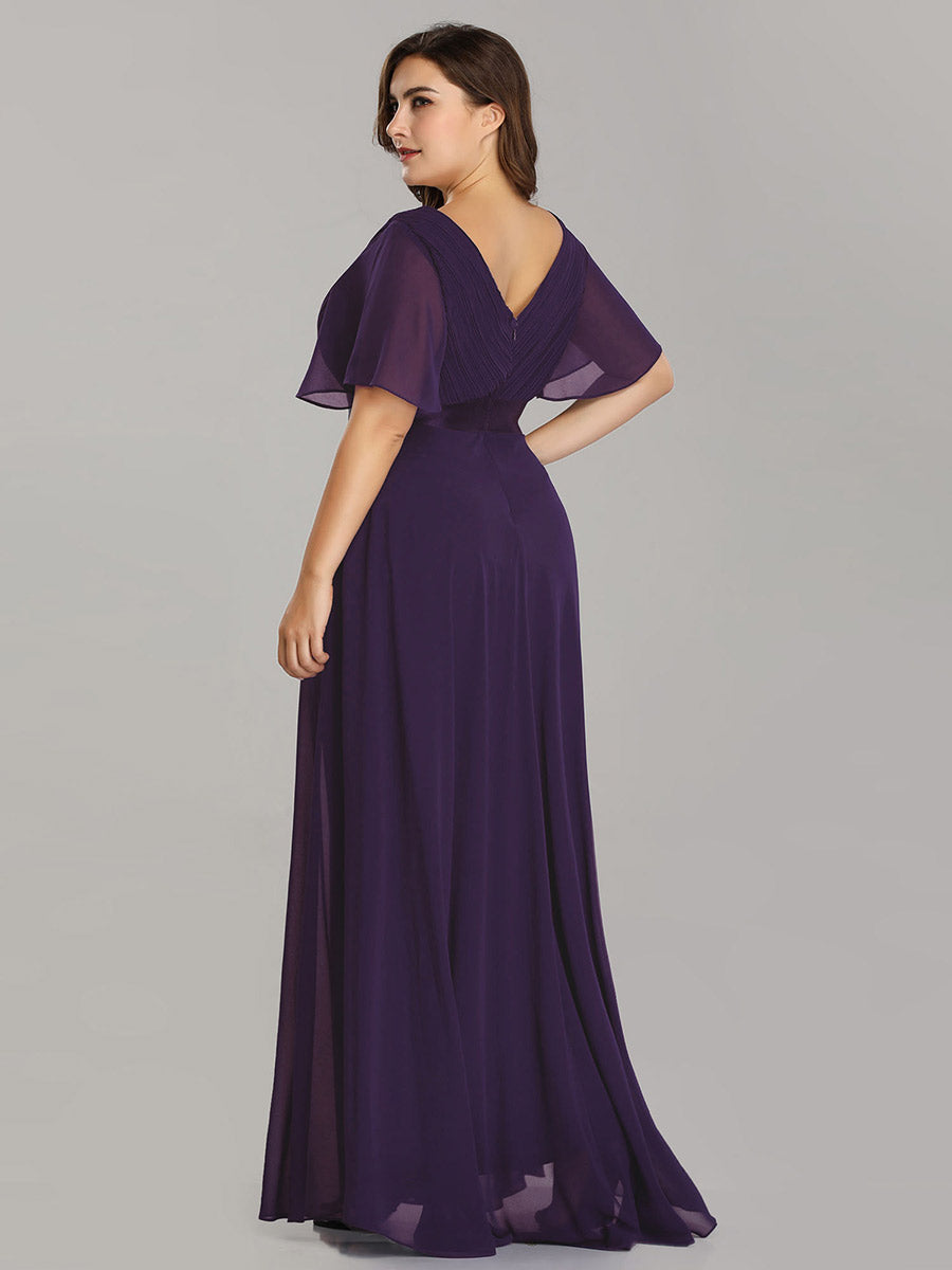 Ruffled Empire Waist Plus Size Evening Gown with V-Neck and Flutter Sleeves