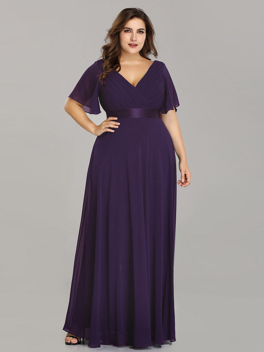 Ruffled Empire Waist Plus Size Evening Gown with V-Neck and Flutter Sleeves