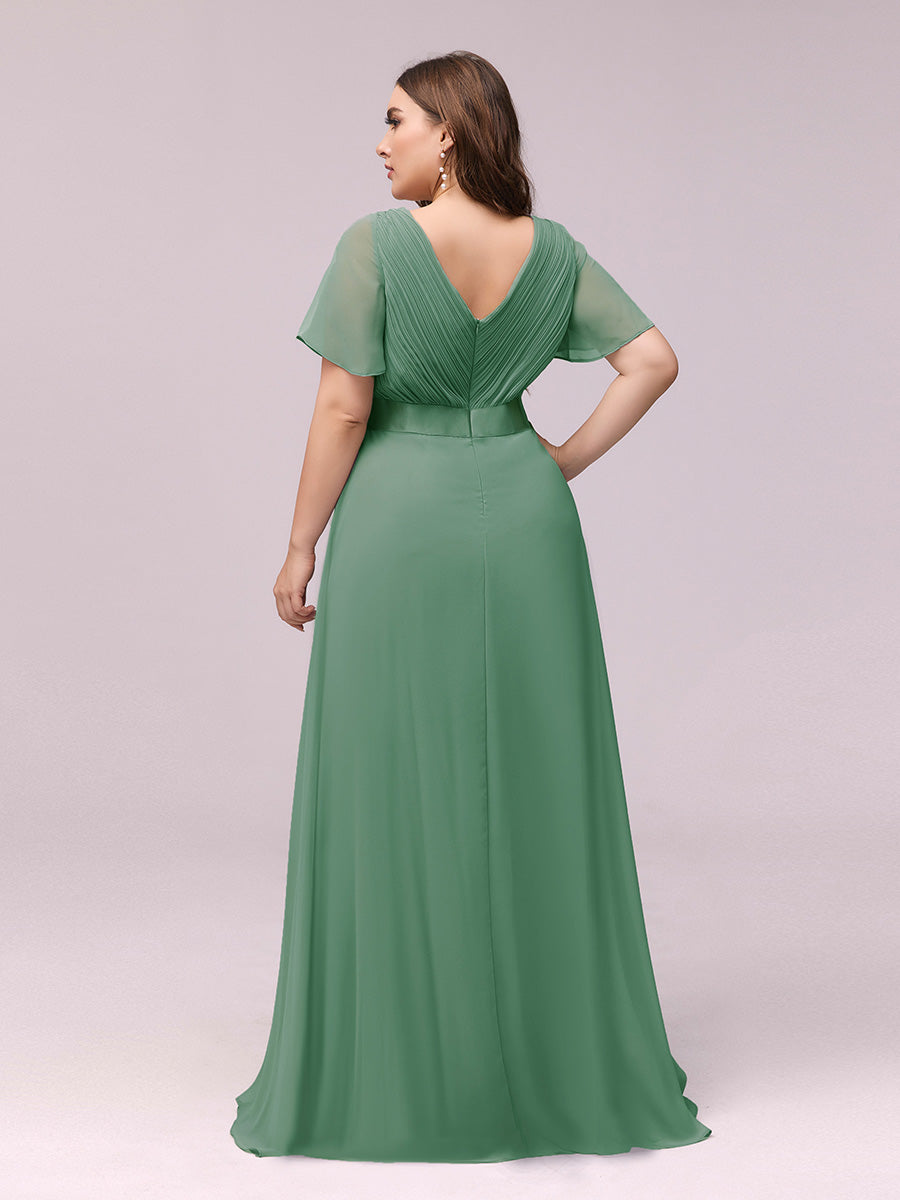 Ruffled Empire Waist Plus Size Evening Gown with V-Neck and Flutter Sleeves