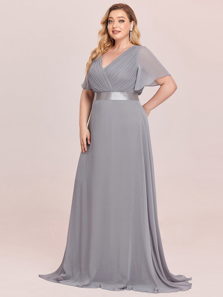 Ruffled Empire Waist Plus Size Evening Gown with V-Neck and Flutter Sleeves