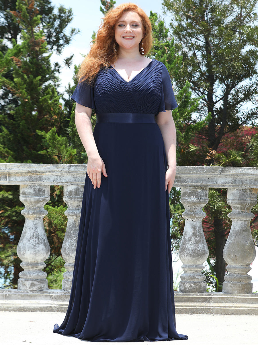 Ruffled Empire Waist Plus Size Evening Gown with V-Neck and Flutter Sleeves