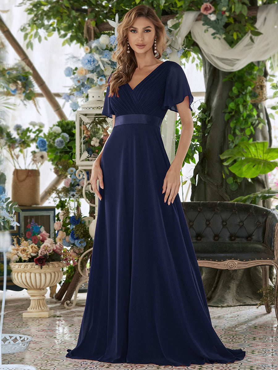 Elegant Chiffon Evening Dress with Double V-Neck and Ruffles