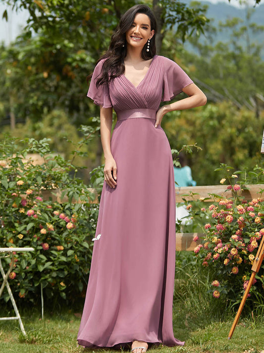 Elegant Chiffon Evening Dress with Double V-Neck and Ruffles