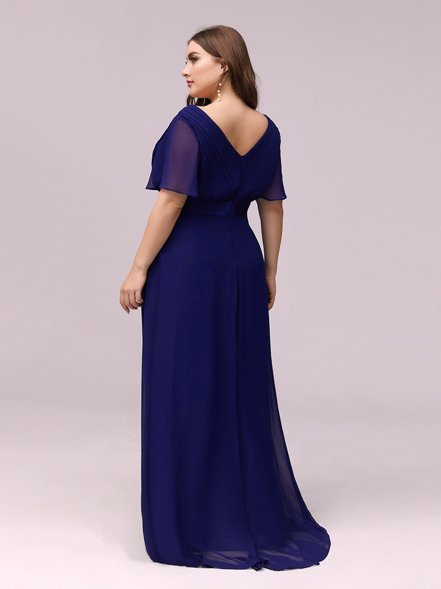 Ruffled Empire Waist Plus Size Evening Gown with V-Neck and Flutter Sleeves