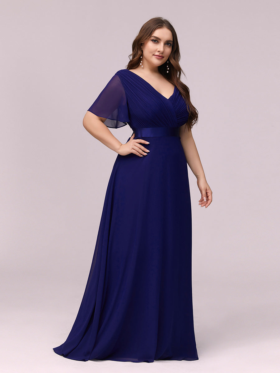 Ruffled Empire Waist Plus Size Evening Gown with V-Neck and Flutter Sleeves