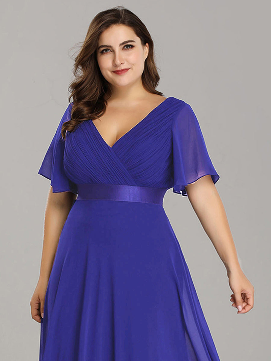 Ruffled Empire Waist Plus Size Evening Gown with V-Neck and Flutter Sleeves