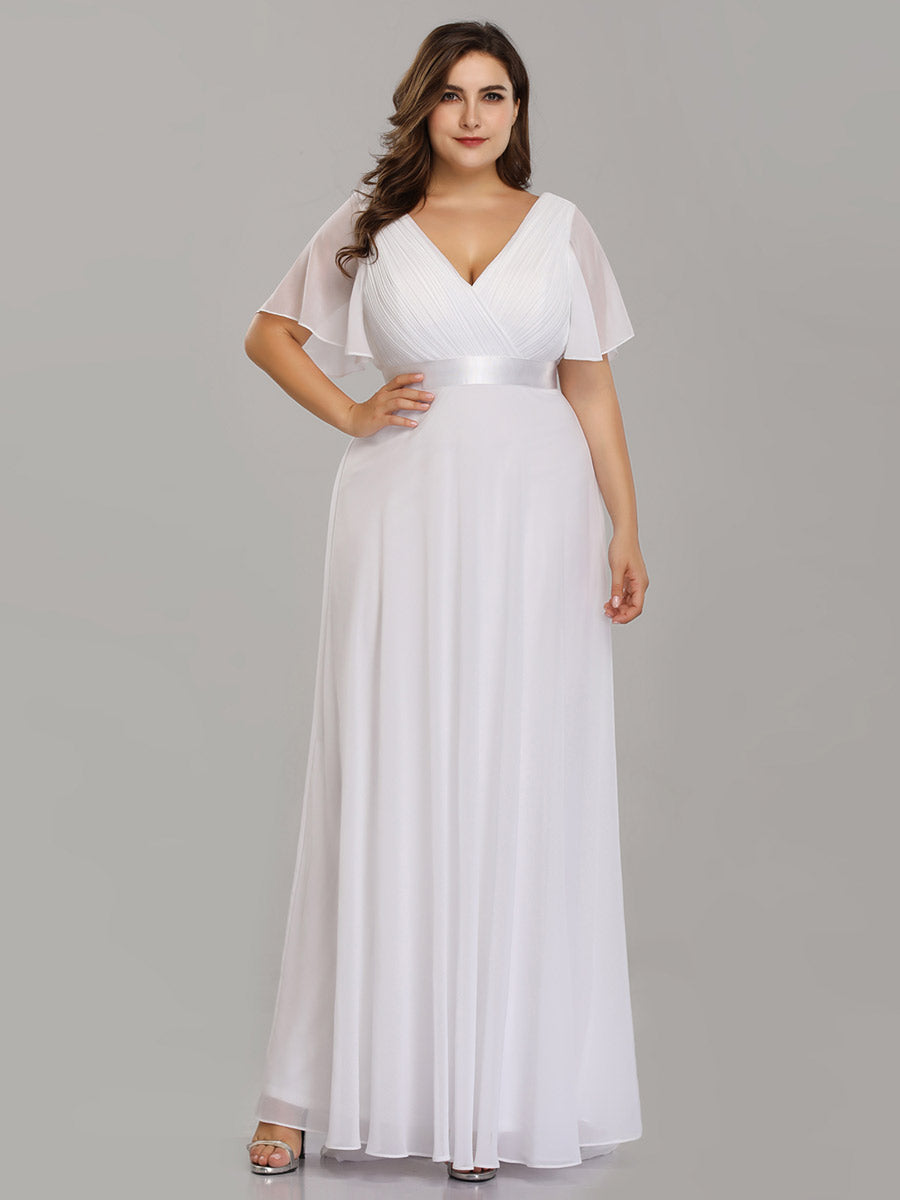 Ruffled Empire Waist Plus Size Evening Gown with V-Neck and Flutter Sleeves