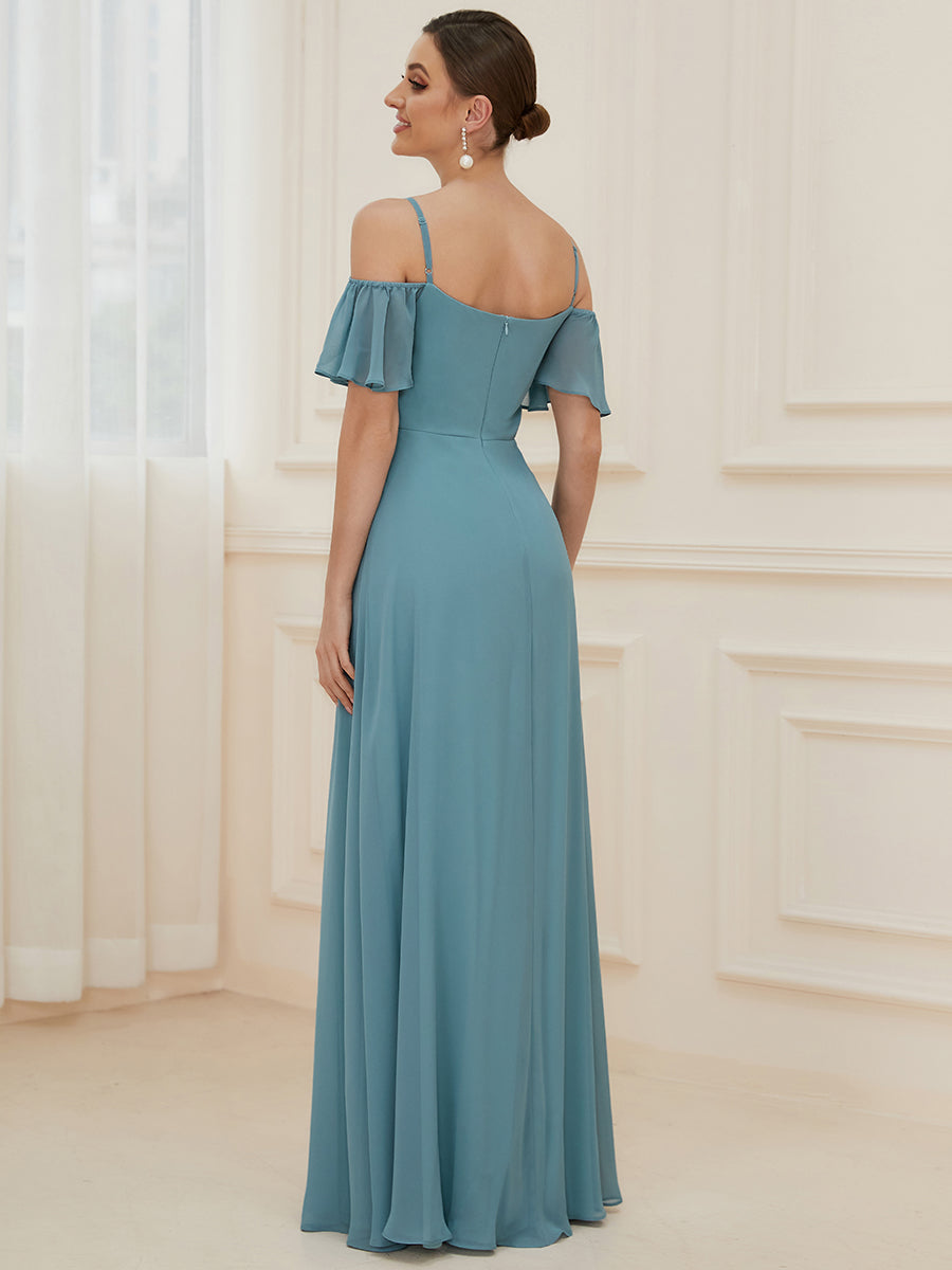 Flattering A-Line Deep V Neck Bridesmaid Gown with Stylish Flare Sleeves