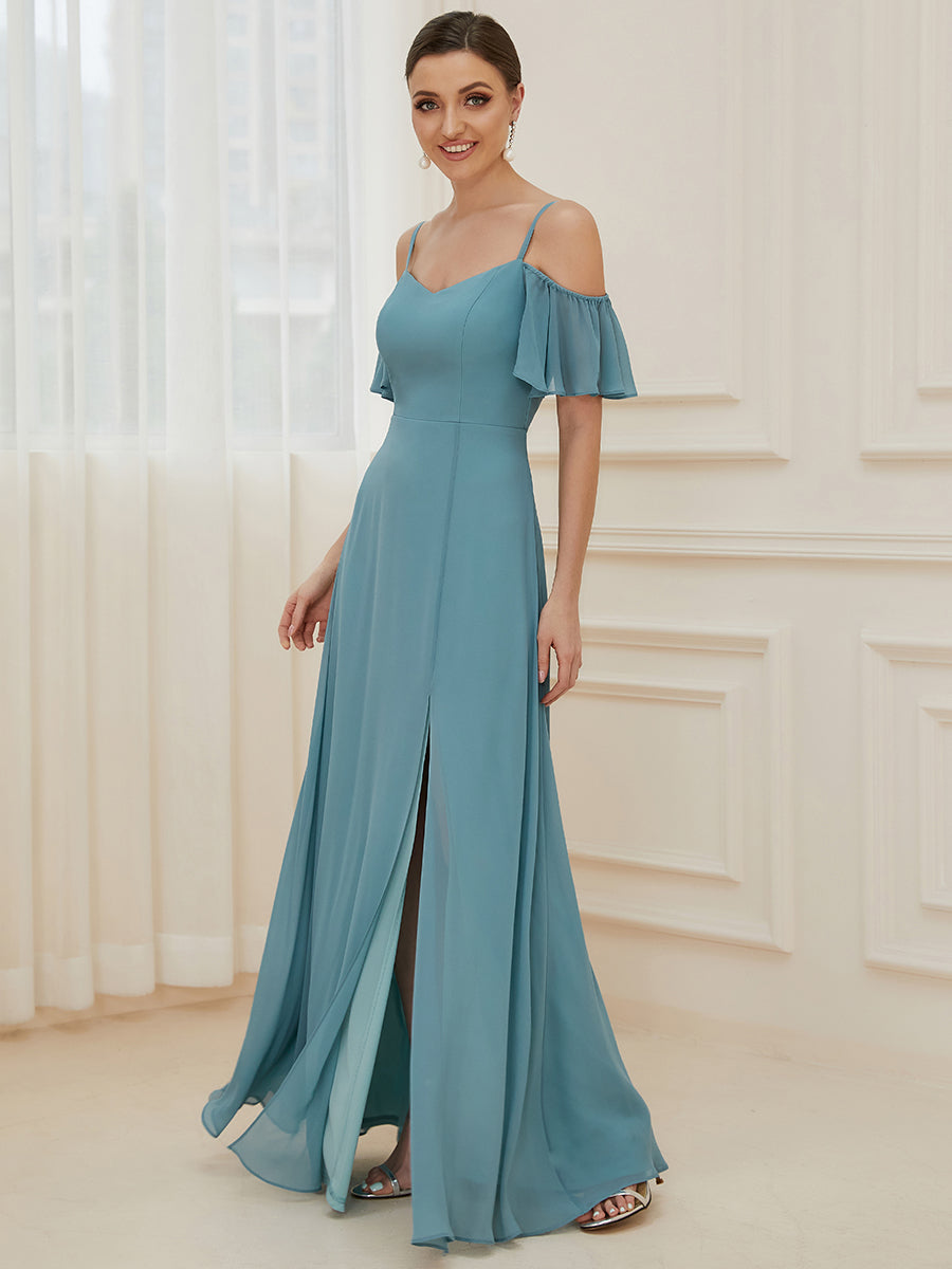 Flattering A-Line Deep V Neck Bridesmaid Gown with Stylish Flare Sleeves